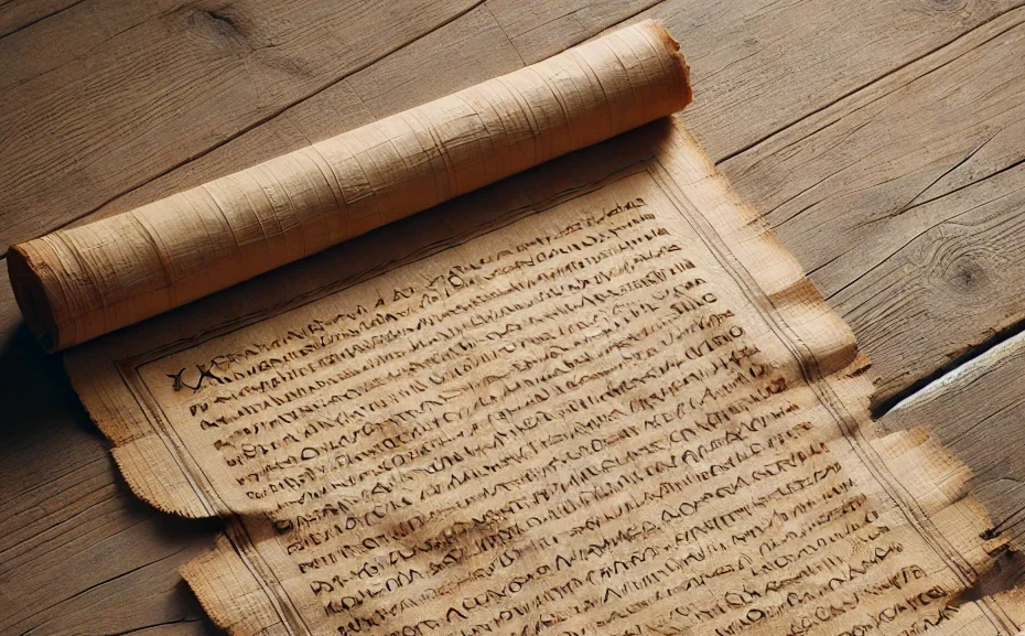 Das Bild zeigt ein antikes Manuskript auf einem einfachen Holztisch, das durch seine Datierung und sein gealtertes Aussehen auf eine frühe Zeit hinweist. Der Papyrus, beschrieben mit griechischer Schrift, könnte ein Fragment des Matthäusevangeliums symbolisieren, das von vielen frühen Kirchenvätern als authentisch betrachtet wurde. Dieses Manuskript erinnert an jene frühen Dokumente, in denen die Verfasserschaft des Evangeliums traditionell dem Apostel Matthäus zugeschrieben wurde. Die beschädigten und abgenutzten Ränder des Manuskripts zeigen die Zeichen der Zeit und könnten für die lange Überlieferungsgeschichte stehen, die das Matthäusevangelium durchlaufen hat. Die griechische Beschriftung spiegelt die allgemeine Annahme wider, dass Matthäus, obwohl möglicherweise ursprünglich auf Hebräisch oder Aramäisch verfasst, später in griechischer Sprache verbreitet wurde. Solche Manuskripte dienen als wertvolle Belege für die Autorschaft von Matthäus, die von frühen christlichen Gemeinschaften bewahrt und weitergetragen wurde.