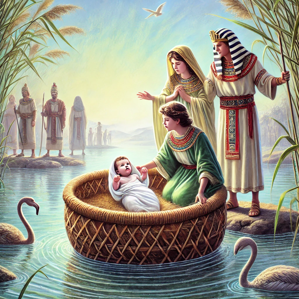 Das Bild zeigt eine zentrale Szene aus der Geschichte von Moses: Als Baby wurde Moses in einem Korb auf dem Nil ausgesetzt, um ihn vor dem Befehl des Pharaos zu schützen, alle neugeborenen israelitischen Jungen zu töten. Die Tochter des Pharaos fand ihn im Schilf, nahm ihn an sich und zog ihn wie ihren eigenen Sohn groß. Dies ist der Beginn seines außergewöhnlichen Lebens, das später zur Befreiung der Israeliten aus der Sklaverei führen sollte.