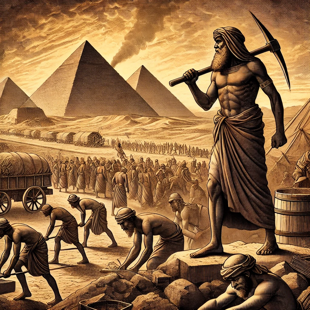 Das Bild zeigt die Geschichte Moses in Kurzform: Moses wurde als Baby von seiner Mutter in einem Korb auf dem Nil ausgesetzt, um ihn vor dem Pharao zu retten. Er wurde von der Tochter des Pharaos gefunden und wuchs am ägyptischen Hof auf. Später erkannte er seine Herkunft, flüchtete nach einem Streit und begegnete Gott im brennenden Dornbusch. Dort erhielt er den Auftrag, die Israeliten aus der Sklaverei in Ägypten zu befreien. Nach den zehn Plagen führte Moses sein Volk durch das geteilte Rote Meer und erhielt die Zehn Gebote auf dem Berg Sinai, bevor er sie ins gelobte Land leitete.