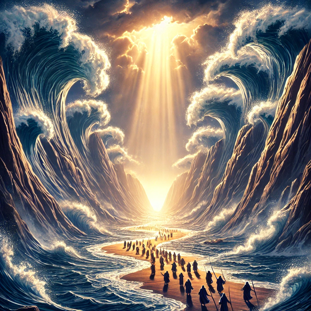 Das Bild zeigt einen Höhepunkt der Geschichte von Moses: die Teilung des Roten Meeres. Moses führte die Israeliten aus der ägyptischen Sklaverei. Als der Pharao sie mit seiner Armee verfolgte, streckte Moses auf Gottes Befehl seinen Stab aus, und das Meer teilte sich. Die Israeliten konnten auf trockenem Boden hindurchgehen, während das Wasser später zurückströmte und die Verfolger verschlang. Dieses Wunder symbolisiert Befreiung und Gottes Schutz für sein Volk.