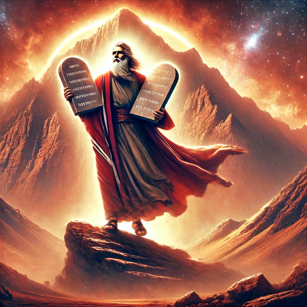 Das Bild zeigt Moses mit den Steintafeln der Zehn Gebote, ein zentrales Ereignis in der Geschichte von Moses in Kurzform. Nachdem Moses das Volk Israel aus der ägyptischen Sklaverei geführt hatte, bestieg er den Berg Sinai, wo Gott ihm die Zehn Gebote übergab. Diese Gesetze sollten das Fundament für das Zusammenleben der Israeliten bilden und ihre Beziehung zu Gott regeln. Dieses Ereignis symbolisiert die göttliche Offenbarung und Moses' Rolle als Mittler zwischen Gott und seinem Volk.