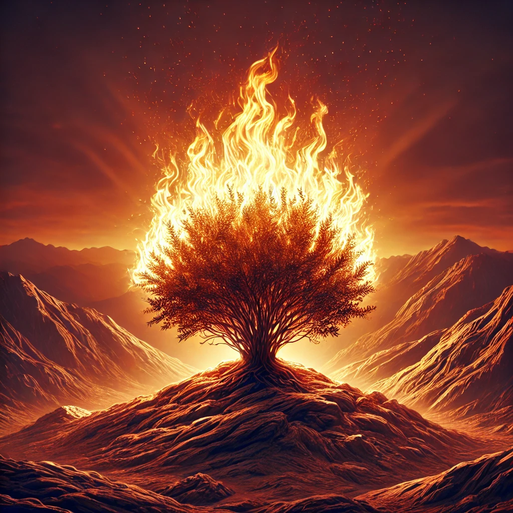 Das Bild zeigt den brennenden Dornbusch, eine ikonische Szene aus der Geschichte von Moses. In dieser Begegnung sprach Gott zu Moses, während ein Busch in Flammen stand, aber nicht verbrannte. Gott offenbarte sich Moses als der „Ich bin, der ich bin“ und gab ihm den Auftrag, die Israeliten aus der ägyptischen Sklaverei zu befreien. Dieses Ereignis markiert den Beginn von Moses' Mission als Befreier seines Volkes.