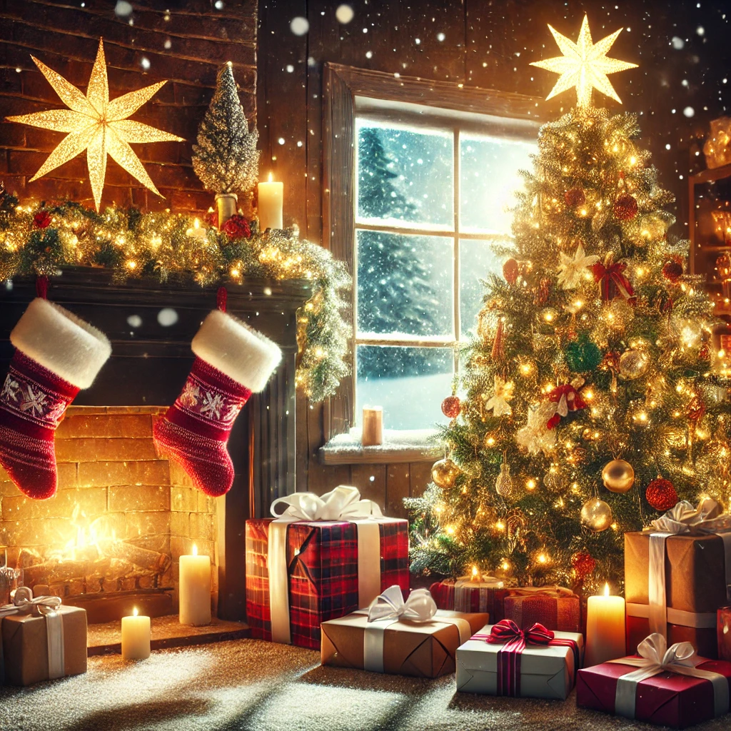 Szene mit zusätzlichen Details wie einem strahlenden Stern an der Baumspitze und einer üppigen Girlande, die den Kamin ziert. Der leuchtende Weihnachtsbaum und die festliche Dekoration im Raum schaffen ein Bild von Wärme und Freude. Auch hier fällt durch das Fenster ein Blick auf die verschneite Landschaft, die den Zauber der Weihnachtszeit perfekt ergänzt.