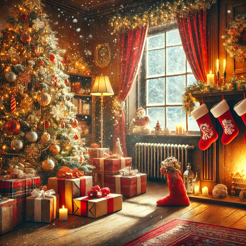 Ein reich geschmückter Weihnachtsbaum steht im Zentrum des Zimmers, umgeben von sorgfältig eingepackten Geschenken. Der Raum wird von warmem Licht durch Kerzen, einem Kamin und Lichterketten erhellt. Über dem Kamin hängen rote Weihnachtsstrümpfe, und durch das Fenster fällt der Blick auf sanft fallenden Schnee, der die winterliche Stimmung unterstreicht.