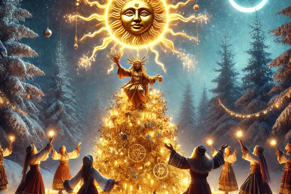 Das Bild zeigt eine mystische Szene, in der Heiden in traditioneller Kleidung um einen festlich geschmückten Weihnachtsbaum tanzen und ihn verehren. Der Baum ist mit leuchtenden Ornamenten, Kerzen und Girlanden dekoriert, umgeben von einer verschneiten Waldlandschaft unter einem klaren, sternenklaren Nachthimmel. Über dem Weihnachtsbaum thront ein strahlender Sonnengott, der mit intensivem goldenen Licht erstrahlt und die Szene in eine magische Atmosphäre taucht. Die Tänzer blicken mit einer Mischung aus Ehrfurcht und Freude auf die Erscheinung des Sonnengottes. Die Kombination aus der winterlichen Festlichkeit und der uralten Sonnenverehrung vermittelt ein Gefühl von Zeitlosigkeit und spirituellem Ritual. Die Schlüsselthemen des Bildes sind Weihnachten, heidnische Rituale, der Sonnengott und eine Verbindung zwischen alter Tradition und moderner Festlichkeit.