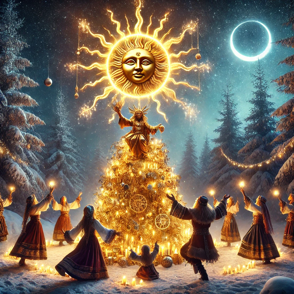 Das Bild zeigt eine mystische Szene, in der Heiden in traditioneller Kleidung um einen festlich geschmückten Weihnachtsbaum tanzen und ihn verehren. Der Baum ist mit leuchtenden Ornamenten, Kerzen und Girlanden dekoriert, umgeben von einer verschneiten Waldlandschaft unter einem klaren, sternenklaren Nachthimmel.

Über dem Weihnachtsbaum thront ein strahlender Sonnengott, der mit intensivem goldenen Licht erstrahlt und die Szene in eine magische Atmosphäre taucht. Die Tänzer blicken mit einer Mischung aus Ehrfurcht und Freude auf die Erscheinung des Sonnengottes. Die Kombination aus der winterlichen Festlichkeit und der uralten Sonnenverehrung vermittelt ein Gefühl von Zeitlosigkeit und spirituellem Ritual.

Die Schlüsselthemen des Bildes sind Weihnachten, heidnische Rituale, der Sonnengott und eine Verbindung zwischen alter Tradition und moderner Festlichkeit.