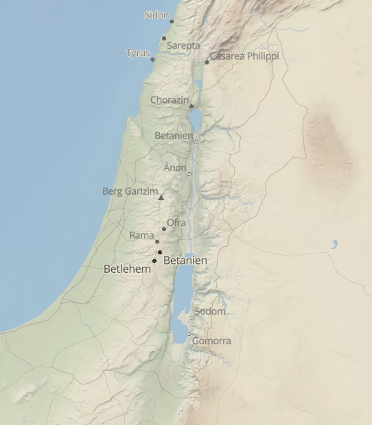 Die Karte zeigt einen geografischen Überblick über die Region im Nahen Osten, mit verschiedenen biblischen Orten. Bethlehem liegt südlich von Jerusalem und in der Nähe des Toten Meeres. Es ist markiert und befindet sich westlich des Jordan, in der historischen Region Judäa. Die Karte hebt weitere bekannte Orte wie Betanien, Rama und Berg Garizim hervor.