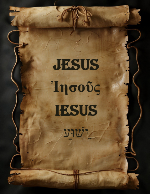 Die Darstellung auf der antiken Schriftrolle illustriert den Namen "Jesus" in vier Sprachen: Deutsch, Griechisch (Ἰησοῦς), Latein (Iesus) und Hebräisch (יֵשׁוּעַ). Diese Schreibweisen repräsentieren die historische und kulturelle Verbreitung des Namens über verschiedene Epochen und Regionen hinweg. Bedeutung von Jesus: Der Name "Jesus" leitet sich vom hebräischen Namen יֵשׁוּעַ (Yeshua) ab, der „Der Herr ist Rettung“ oder „Gott rettet“ bedeutet.