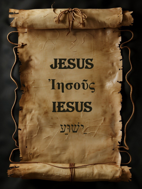 Die Darstellung auf der antiken Schriftrolle illustriert den Namen "Jesus" in vier Sprachen: Deutsch, Griechisch (Ἰησοῦς), Latein (Iesus) und Hebräisch (יֵשׁוּעַ). Diese Schreibweisen repräsentieren die historische und kulturelle Verbreitung des Namens über verschiedene Epochen und Regionen hinweg.

Bedeutung von Jesus: Der Name "Jesus" leitet sich vom hebräischen Namen יֵשׁוּעַ (Yeshua) ab, der „Der Herr ist Rettung“ oder „Gott rettet“ bedeutet.