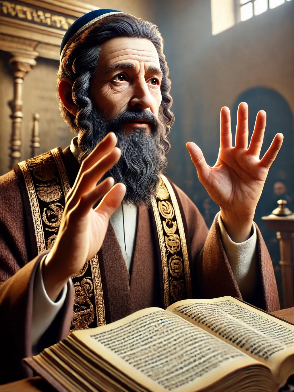 Das Bild zeigt einen fotorealistischen Porträt von Rabbi Hillel, einem bedeutenden jüdischen Gelehrten, während er die "Goldene Regel im Judentum" predigt. Er ist in traditioneller jüdischer Kleidung dargestellt, mit einem Ausdruck tiefer Weisheit und Leidenschaft in seinem Gesicht. Seine Hand ist erhoben, um eine Lehrgeste zu machen, und es wirkt, als ob er gerade die Worte „Tue nicht anderen, was du nicht willst, dass sie dir tun“ lehrt. Der Hintergrund zeigt eine leicht verschwommene antike Synagoge oder ein Lehrhaus, was den Fokus auf seine ausdrucksstarke Figur lenkt. Warmes Licht hebt sein Gesicht und seine Hand hervor, symbolisierend das spirituelle Wissen, das er vermittelt.