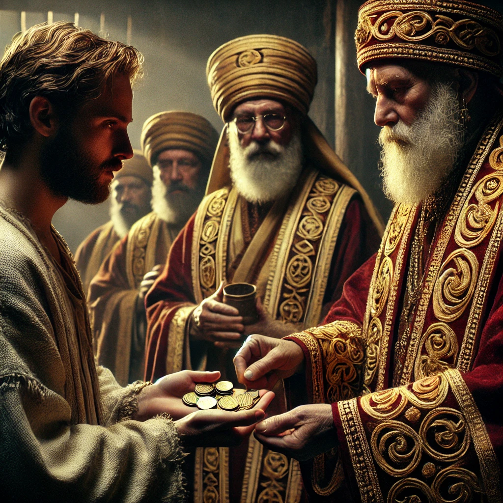 Das Bild zeigt eine emotionale und symbolträchtige Szene, die an die Frage "Wer hat Jesus verraten?" erinnert. In einem atmosphärischen Raum, der an die Zeit der biblischen Ereignisse angelehnt ist, steht ein Mann in schlichter, abgenutzter Kleidung. Er nimmt Münzen von prunkvoll gekleideten Hohepriestern entgegen, deren Gewänder reich mit goldenen Details verziert sind.

Die Szenerie lädt dazu ein, über "Warum hat Judas Jesus verraten?" nachzudenken. Die Darstellung scheint den Moment einzufangen, in dem der Mensch unter dem Druck von Verlockungen und Versuchung nachgibt. Die Münzen, die in die Hand des Mannes gelegt werden, symbolisieren den Preis des Verrats, während sein nachdenklicher Blick auf innere Zerrissenheit hindeutet. Die Hohepriester hingegen wirken berechnend und selbstsicher, als würden sie ein geplantes Ziel verfolgen.

Das Bild erzählt eine Geschichte von Schuld, Verführung und den Entscheidungen, die Menschen treffen – eine universelle Botschaft, die über die biblische Erzählung hinausgeht.