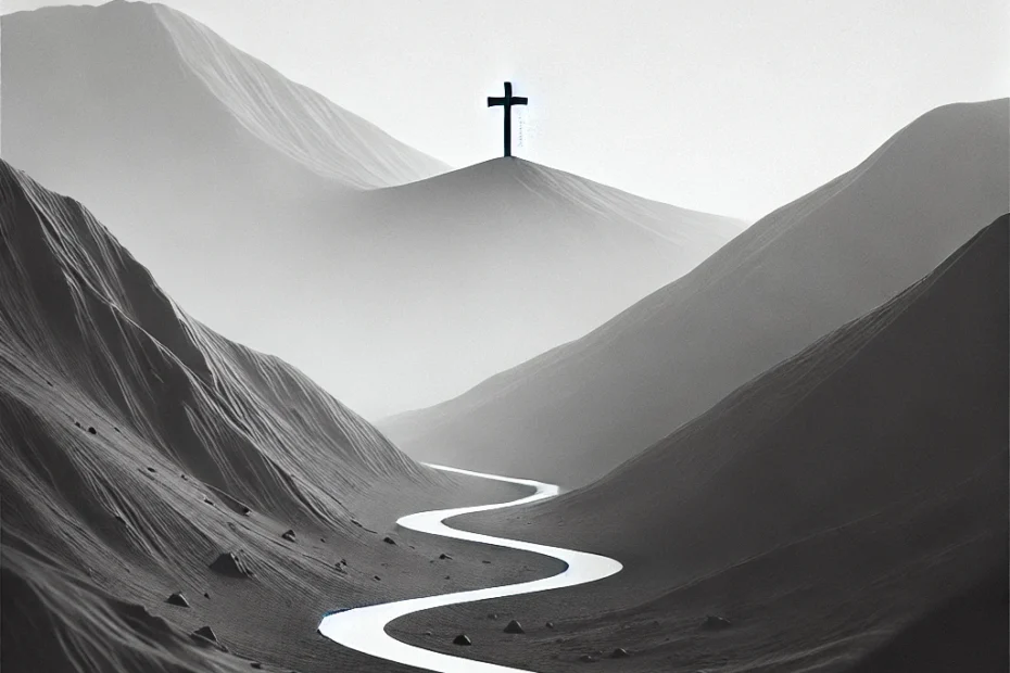 Das Bild zeigt eine monochrome Landschaft mit sanften, kargen Hügeln und einem geschwungenen, leuchtend weißen Pfad, der sich durch das Tal windet. Der Blick wird zu einem Kreuz auf einer Anhöhe gelenkt, das auf dem höchsten Punkt der Landschaft steht und den Mittelpunkt des Bildes bildet. Die Atmosphäre ist still und neblig, was die Szenerie ruhig, aber bedeutungsvoll wirken lässt. Der Weg symbolisiert möglicherweise den Weg zur Nachfolge Jesu, der als Herausforderung, aber auch als klare Richtung dargestellt wird. Das Kreuz am Horizont kann als Ziel und Sinnbild für die Hingabe und den Glauben verstanden werden. Dieses Bild passt hervorragend zu einem Artikel über Dietrich Bonhoeffers Gedanken zur Nachfolge, da es sowohl die Einladung als auch die Herausforderungen des Rufes in die Nachfolge visuell darstellt. Die Einfachheit der Darstellung lenkt die Aufmerksamkeit auf den zentralen spirituellen Aspekt und vermittelt gleichzeitig Tiefe und Bedeutung.
