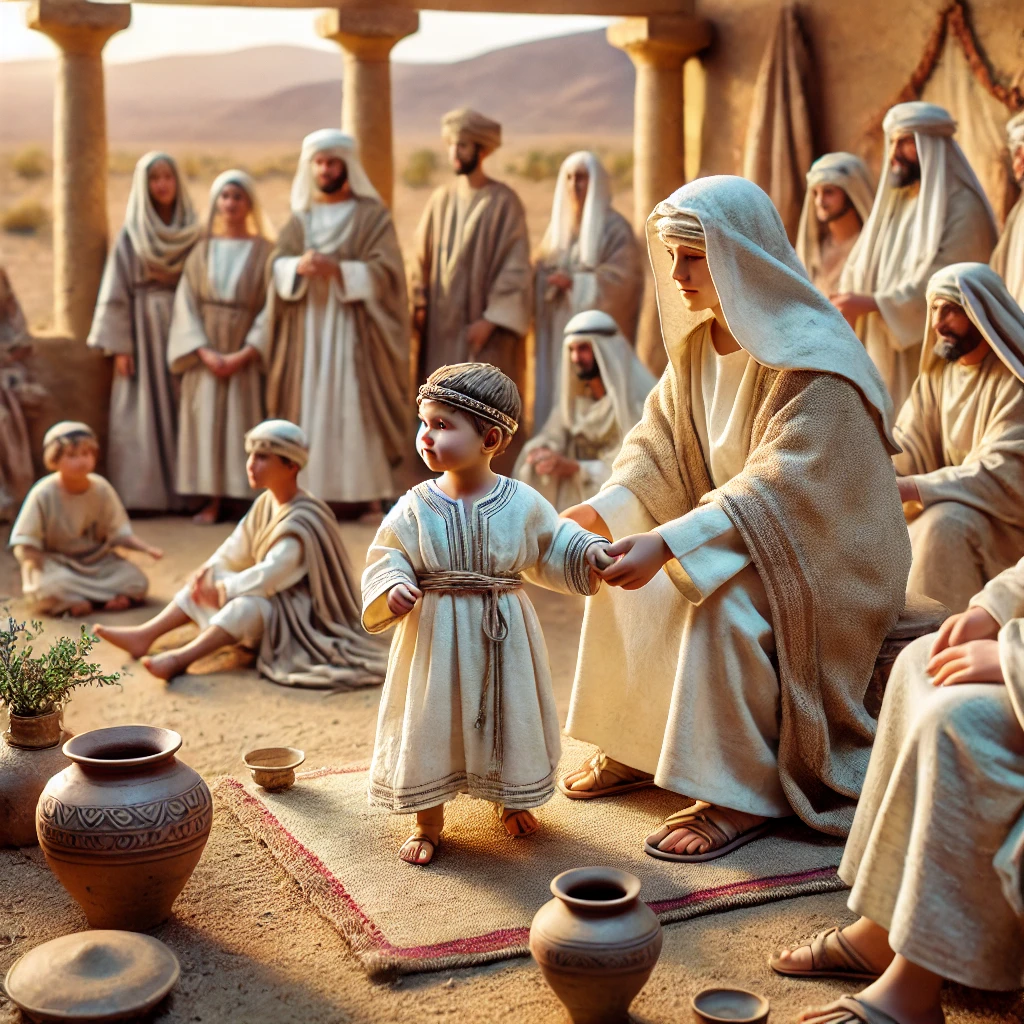 Das Bild zeigt eine künstlerische Darstellung, die von der rabbinischen Interpretation inspiriert ist, in der spekuliert wird: „Wie alt war Rebekka?“ Hier wird sie als 3-jähriges Kind dargestellt, was die historische und kulturelle Fehlinterpretation dieser Idee visualisiert.

Beschreibung des Bildes:
Rebekka im Fokus:

Alter: Die kleine Rebekka ist etwa 3 Jahre alt, was auf die rabbinische Vorstellung hinweist.
Kleidung: Sie trägt einfache, traditionelle Gewänder aus beige-weißen Stoffen, passend zur damaligen Zeit. Die Kleidung ist schlicht gehalten, mit kleinen dekorativen Elementen wie einem Stoffgürtel.
Ausdruck: Ihr kindliches Gesicht zeigt Neugier und Unschuld, was die Unstimmigkeit zwischen ihrem Alter und der dargestellten Hochzeit hervorhebt.
Hochzeitsszene:

Erwachsene Personen in einfachen, traditionellen arabischen Gewändern stehen um Rebekka herum. Einige wirken ernst und nachdenklich, andere lächeln leicht, als ob sie den Moment der Zeremonie begrüßen.
Ein bescheidener Hochzeitsbogen aus Holz und Stoff deutet auf den symbolischen Akt der Ehe hin, der jedoch in seiner Darstellung durch Rebekkas Alter surreal wirkt.
Hintergrund und Atmosphäre:

Die Szene spielt in einer kargen, sandigen Umgebung, typisch für die Landschaft im 2. Jahrhundert v. Chr.
Im Hintergrund sind einfache Steinhäuser zu sehen, ergänzt durch vereinzelte Tontöpfe und schlichte Dekorationen.
Warmes, weiches Licht hebt die Details hervor und verleiht der Szene einen historischen und dennoch zeitlosen Charakter.
Symbolik:

Das Bild visualisiert die Frage „Wie alt war Rebekka?“ in Form einer künstlerischen Überhöhung und konfrontiert den Betrachter mit der Diskrepanz zwischen kindlicher Unschuld und kulturellen Fehlinterpretationen.
Es verdeutlicht, dass diese Darstellung nicht als historisch korrekt zu verstehen ist, sondern auf einer symbolischen Deutung basiert.
Dieses Bild dient als anschauliche Reflexion darüber, wie kulturelle und rabbinische Interpretationen von Texten wie denen der Bibel zu Missverständnissen über Rebekkas Alter führen können.