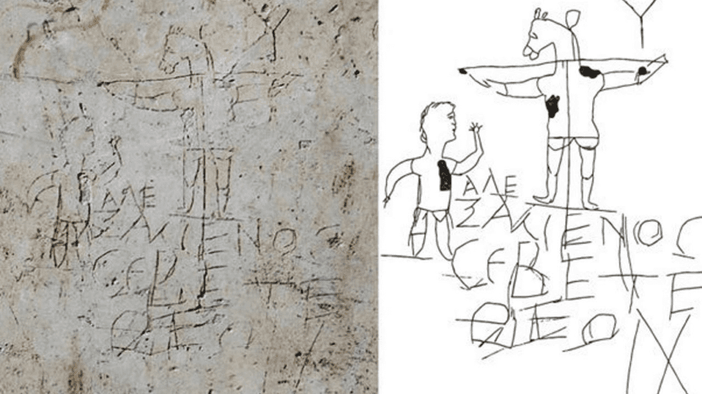 Das Bild zeigt das sogenannte Alexamenos-Graffito, ein antikes Graffito, das auf eine Wand geritzt wurde und aus dem 2. oder 3. Jahrhundert stammt. Es besteht aus einer groben Zeichnung und einer griechischen Inschrift.

Beschreibung der Darstellung:
Links: Eine menschliche Figur mit erhobener Hand, vermutlich in einer Geste der Anbetung. Diese Figur repräsentiert „Alexamenos“, eine Person, die in der Inschrift namentlich genannt wird.
Rechts: Eine gekreuzigte Figur mit einem menschlichen Körper, aber einem Eselskopf. Diese Darstellung soll Jesus Christus am Kreuz darstellen, jedoch in einer spöttischen und entwürdigenden Weise.
Inschrift: Die griechische Inschrift unterhalb der Darstellung lautet:
„Alexamenos verehrt seinen Gott“ (Ἀλεξάμενος σέβετε θεόν).
Sie stellt eine polemische Aussage dar, die sich über den Glauben des Alexamenos lustig macht.