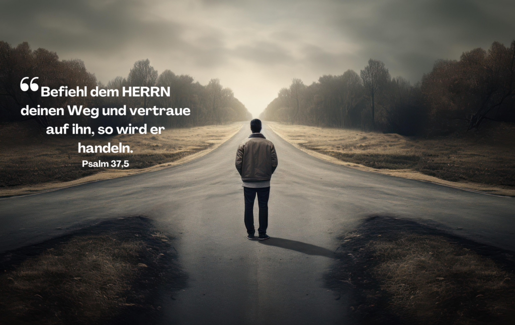 Das Bild zeigt eine nachdenkliche, symbolträchtige Szene: Eine Person steht an einer Weggabelung, vor ihr teilen sich zwei Straßen, die in eine ungewisse, neblige Ferne führen. Die Umgebung ist von kahlen Bäumen gesäumt, der Himmel ist düster und vermittelt eine melancholische, aber zugleich hoffnungsvolle Stimmung. Das Licht am Horizont deutet darauf hin, dass trotz der Ungewissheit ein Weg weiterführt.

Auf dem Bild ist ein biblischer Trauerspruch aus Psalm 37,5 zu lesen:

"Befiehl dem HERRN deinen Weg und vertraue auf ihn, so wird er handeln."

Dieser Vers gehört zu den Trauersprüchen aus der Bibel, die Mut und Zuversicht in schwierigen Zeiten schenken. Die Szene visualisiert einen Moment des Innehaltens, der Entscheidung und des Vertrauens auf Gottes Führung. Gerade in Zeiten der Trauer oder Unsicherheit gibt dieser Psalm Kraft, sich Gott anzuvertrauen und darauf zu vertrauen, dass er den richtigen Weg weist.