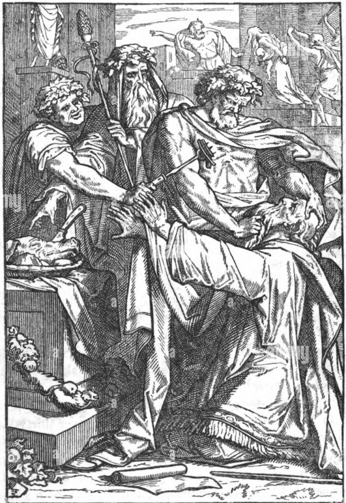 Das Bild stellt die Folter und den Märtyrertod des Eleasar aus 2. Makkabäer 6,18-20 dar. Eleasar, ein angesehener Schriftgelehrter, wird von Männern brutal festgehalten und gezwungen, Schweinefleisch zu essen. Doch er weigert sich standhaft und wählt den ehrenvollen Tod. Im Hintergrund sieht man panische Menschen, während links ein Altar mit Opfergaben steht. Die Szene symbolisiert die jüdische Ablehnung von Schweinefleisch zur Zeit des Zweiten Tempels und den Mut des Glaubens.